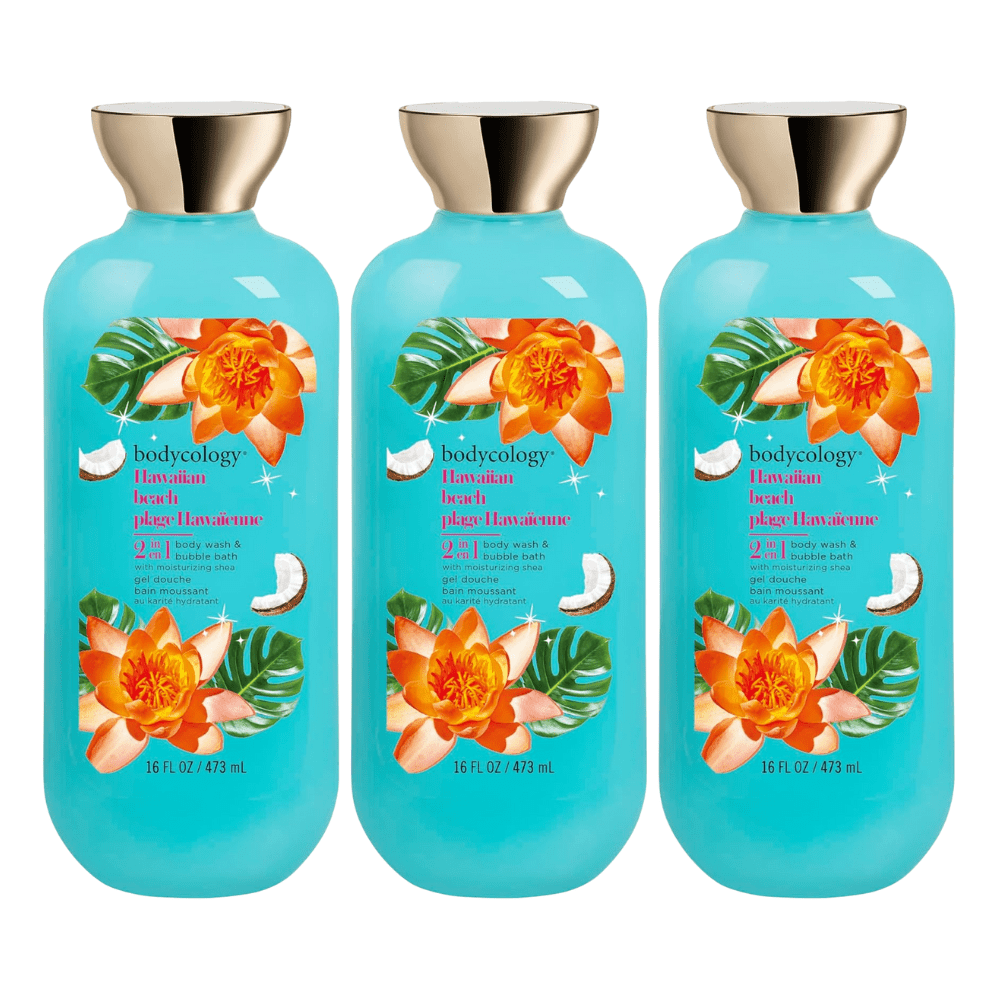 Hawaiian Beach by Bodycology, 3 Pack 16oz 2 in 1 Body Wash & Bubble Bath women - Unik Glow