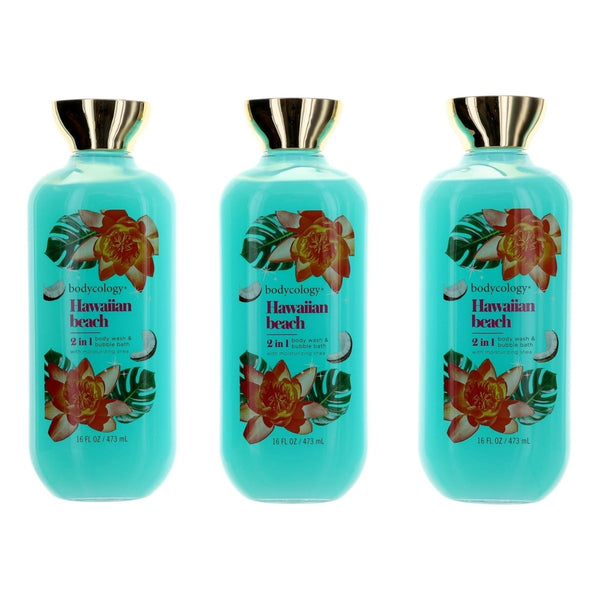 Hawaiian Beach by Bodycology, 3 Pack 16oz 2 in 1 Body Wash & Bubble Bath women - Unik Glow
